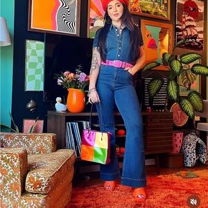 Jessica Simpson Flare Bell Bottom Short Sleeve Denim Jean Jumpsuit